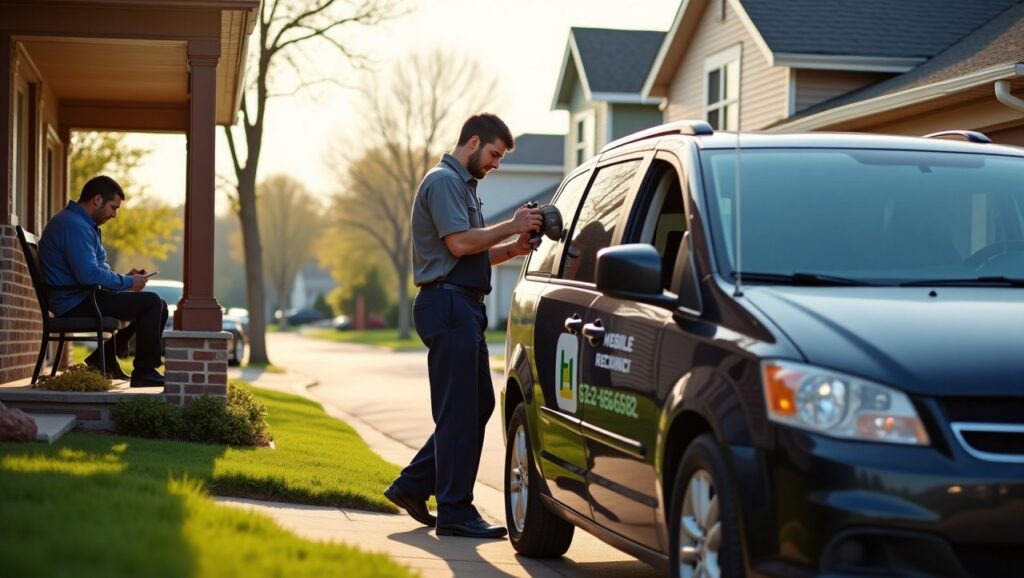 A certified mobile mechanic working on a car parked in a residential driveway in St. Louis, with professional tools and a branded service van nearby. Sunny day, suburban background, clear view of mechanic at work.