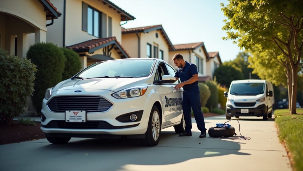 A certified mobile mechanic working on a car parked in a residential driveway in St. Louis, with professional tools and a branded service van nearby. Sunny day, suburban background, clear view of mechanic at work.