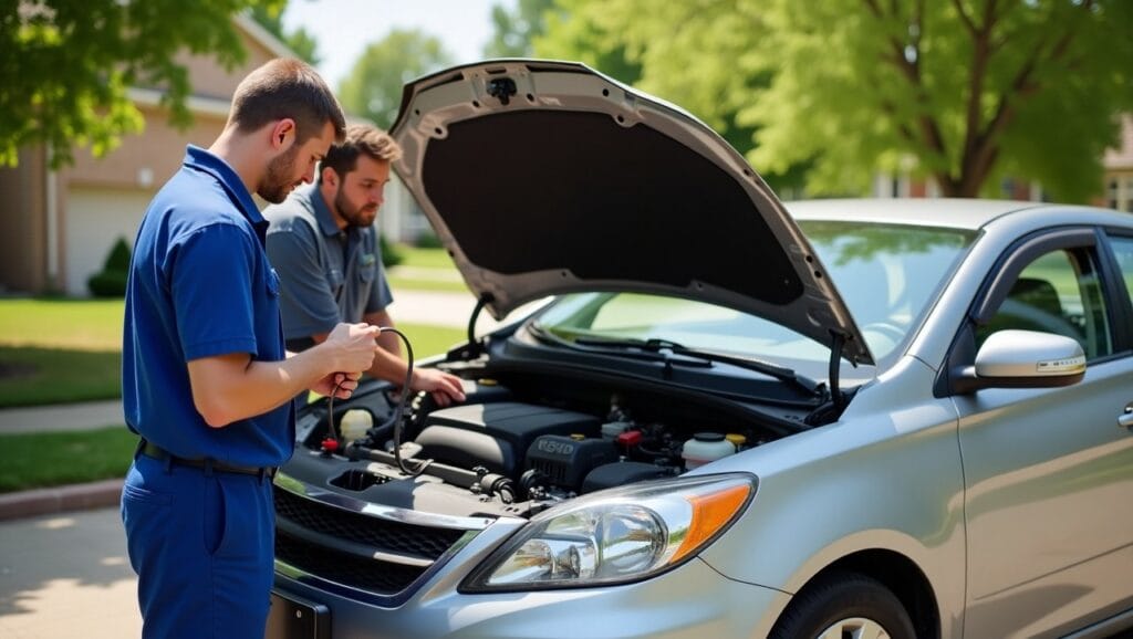 A mobile mechanic working under the hood of a car in a St. Louis neighborhood. The mechanic is replacing a worn serpentine belt, and the car is parked in a residential driveway with trees in the background.