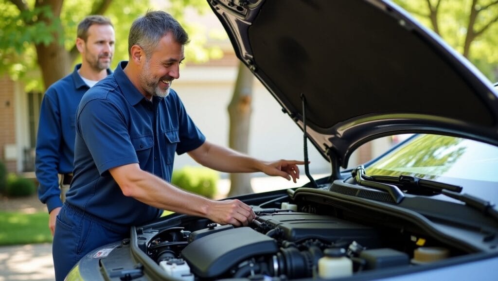 A mobile mechanic working under the hood of a car in a St. Louis neighborhood. The mechanic is replacing a worn serpentine belt, and the car is parked in a residential driveway with trees in the background. It's a bright, sunny day, and the mechanic is focused on the task while the vehicle owner stands by, observing