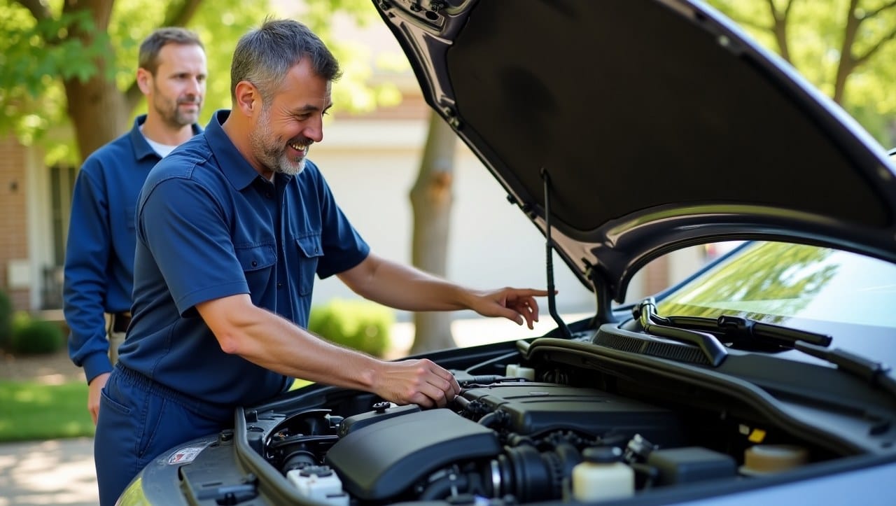 A mobile mechanic working under the hood of a car in a St. Louis neighborhood. The mechanic is replacing a worn serpentine belt, and the car is parked in a residential driveway with trees in the background. It's a bright, sunny day, and the mechanic is focused on the task while the vehicle owner stands by, observing