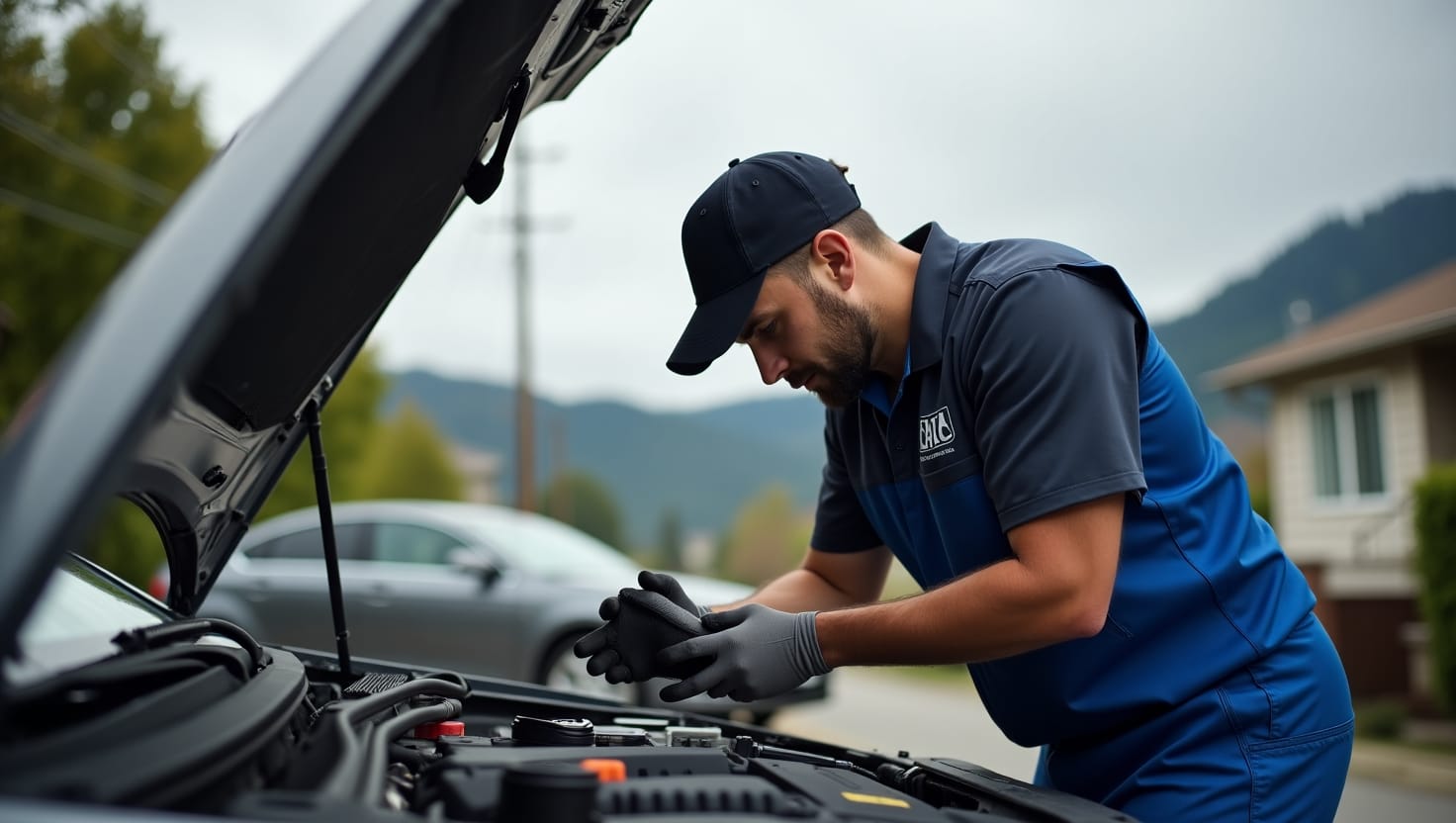 Mobile mechanic working safely on a car in a St. Louis driveway